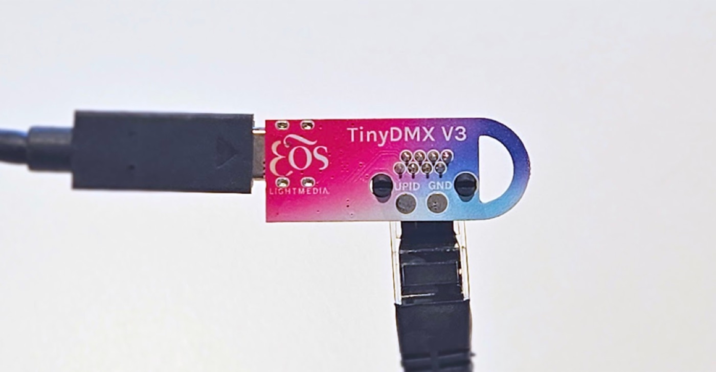TinyDMX plugged into a DMX line via RJ45